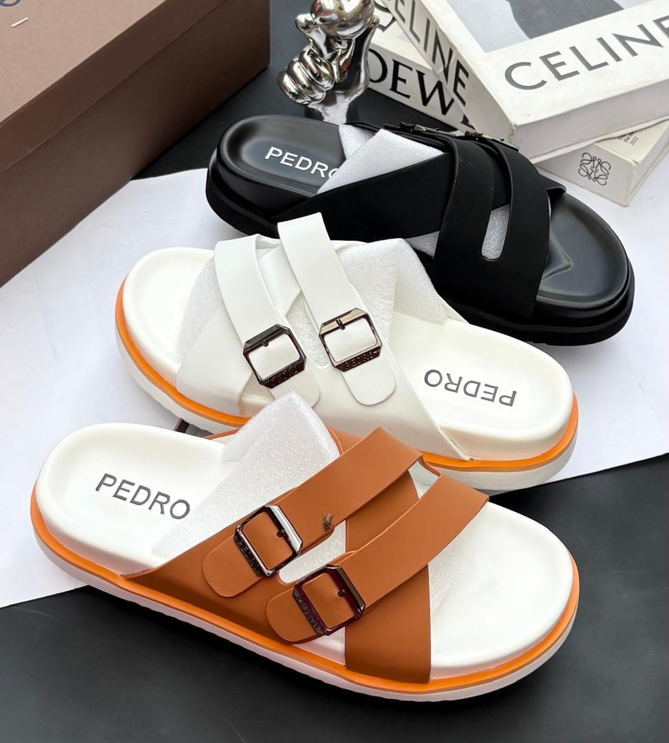 PEDRO double strap buckle slides in brown, white, and black with platform soles.