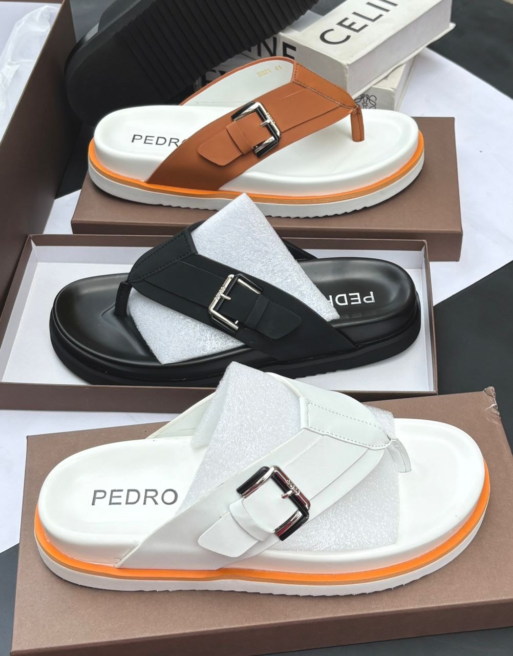 PEDRO thong slides shown in brown, black, and white colorways with orange platform soles.
