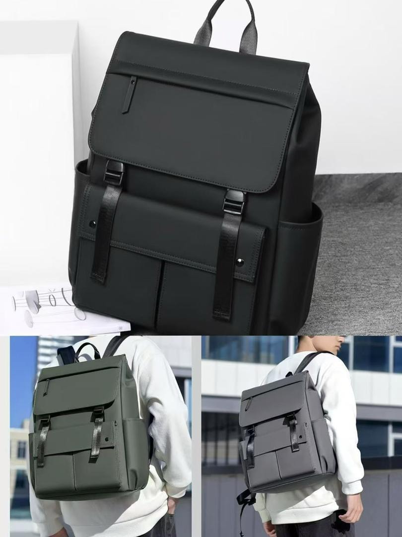 Multiple angles of minimalist leather backpack in black, olive and gray worn by models in lifestyle settings.