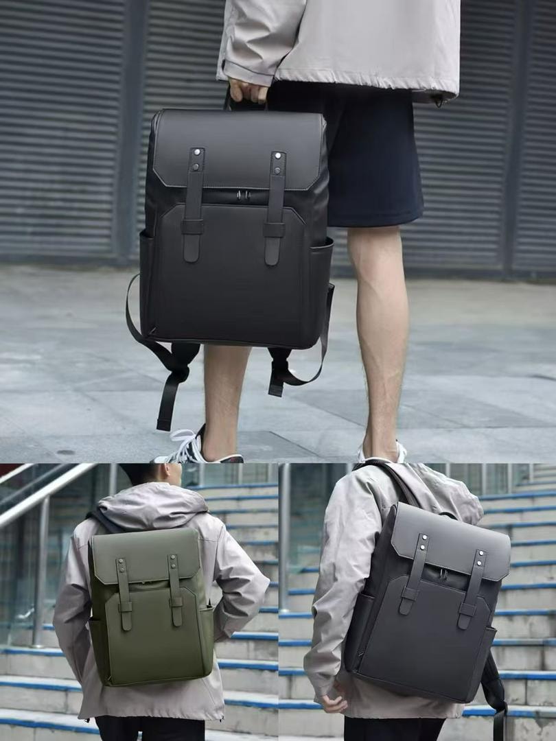 Person carrying black minimalist flap backpack with additional views showing olive and gray colorways.