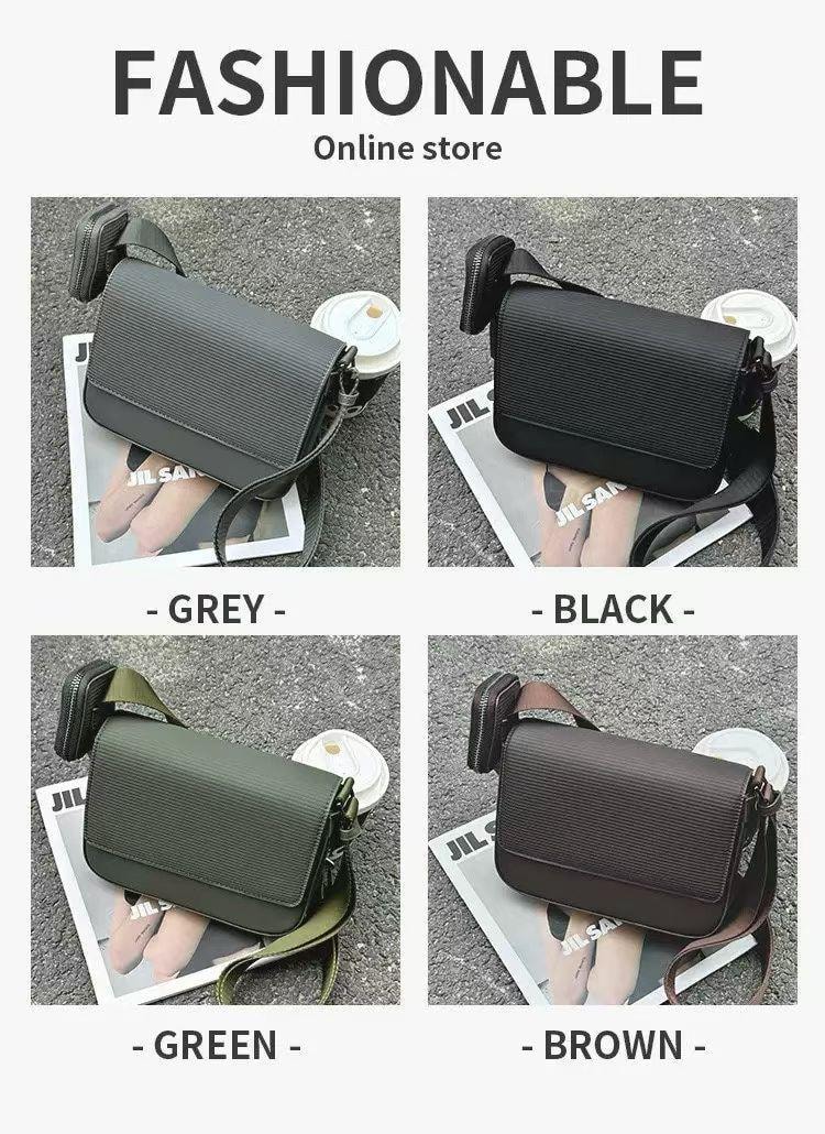 Ribbed crossbody bags displayed in grey, black, green and brown colorways.