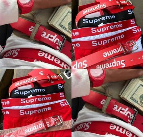 Supreme designer belts displayed in red, black, and white with model wearing red version and stacked arrangement.