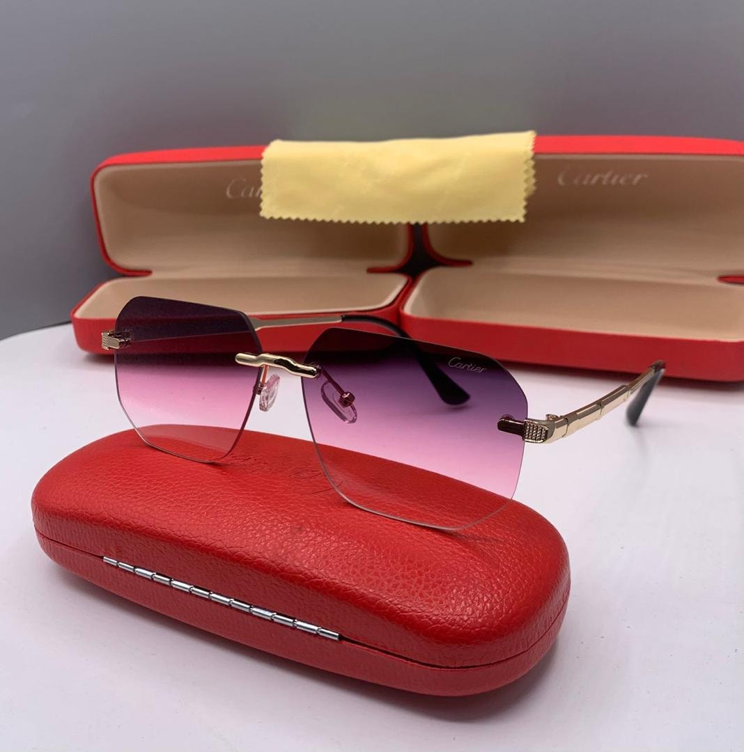 Cartier rimless sunglasses with pink to purple gradient lenses.