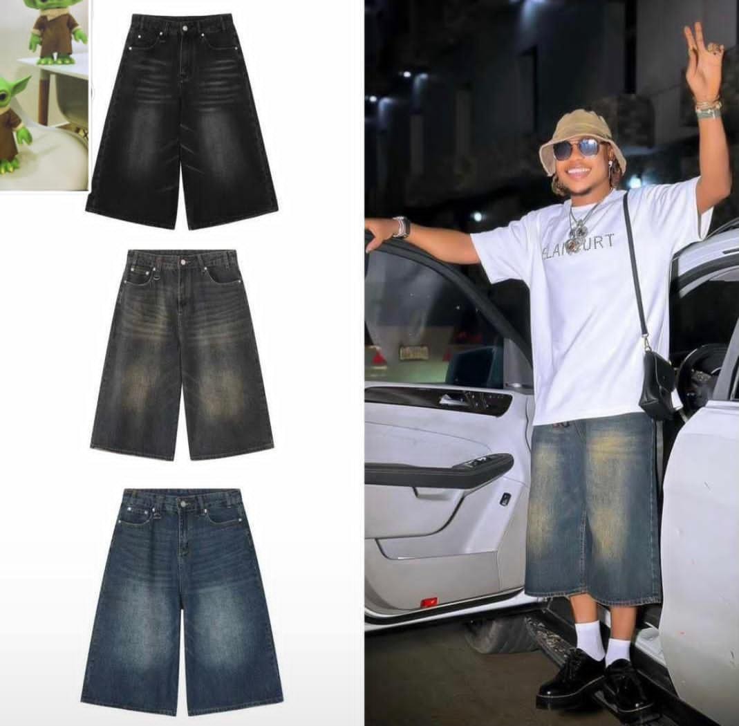 Baggy denim jorts in black, gray wash, and blue alongside lifestyle model wearing a pair.
