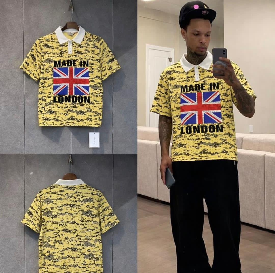 Yellow camo polo shirt with Made In London and Union Jack graphic in flat lay and on model.