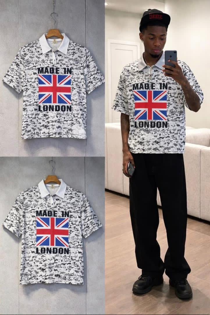 Black and white camo polo shirt with Made In London graphic, front and lower views.