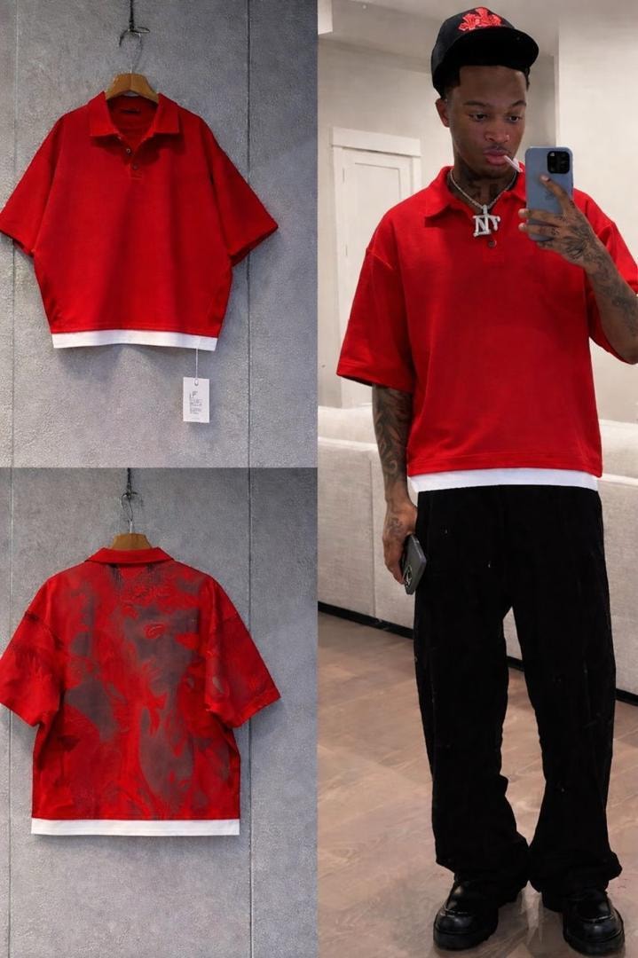 Red cropped polo shirt in front flat lay, back with graphic print, and model wearing it.