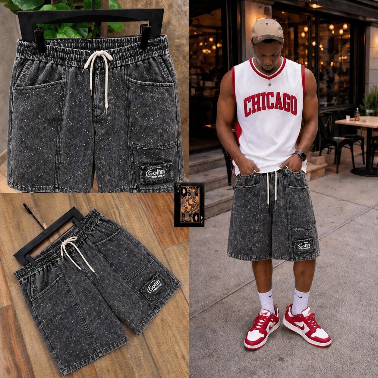 Gray patterned denim cargo shorts showing flap pockets, brand patch, and full styling on model.