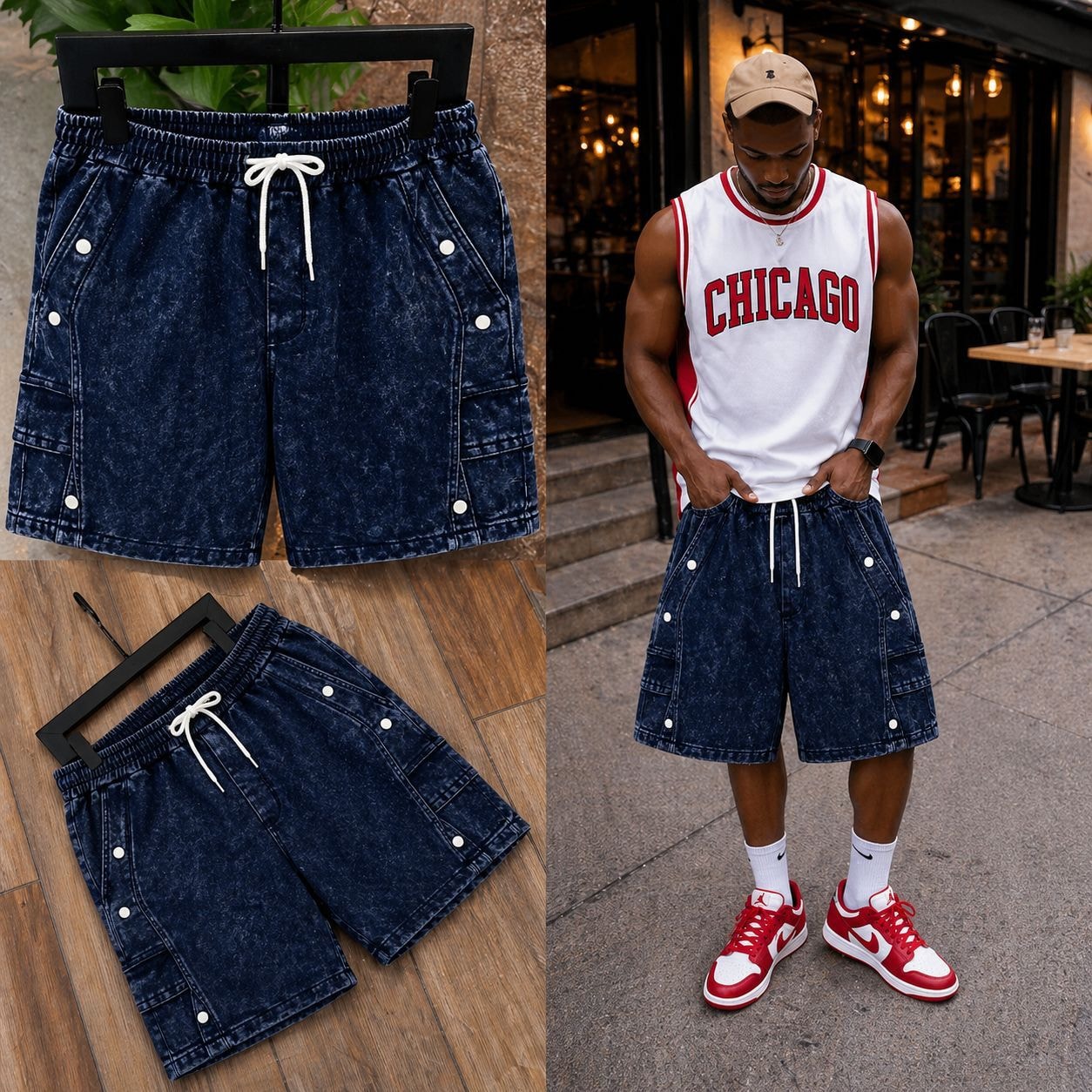 Blue denim cargo shorts with elastic waistband, multiple pockets, and outdoor model wear.