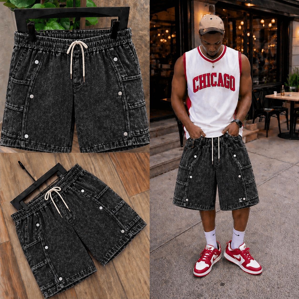 Black acid wash denim cargo shorts with drawstring waist, utility pockets, and model lifestyle shots.