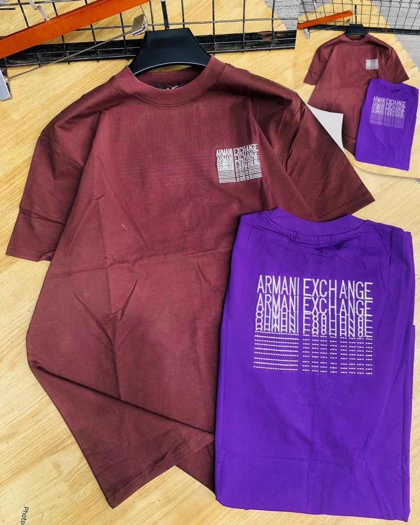 Maroon and purple Armani Exchange graphic t-shirts displayed flat.