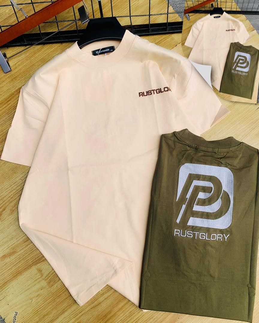 Peach beige and olive Rustglory P logo t-shirts laid flat.