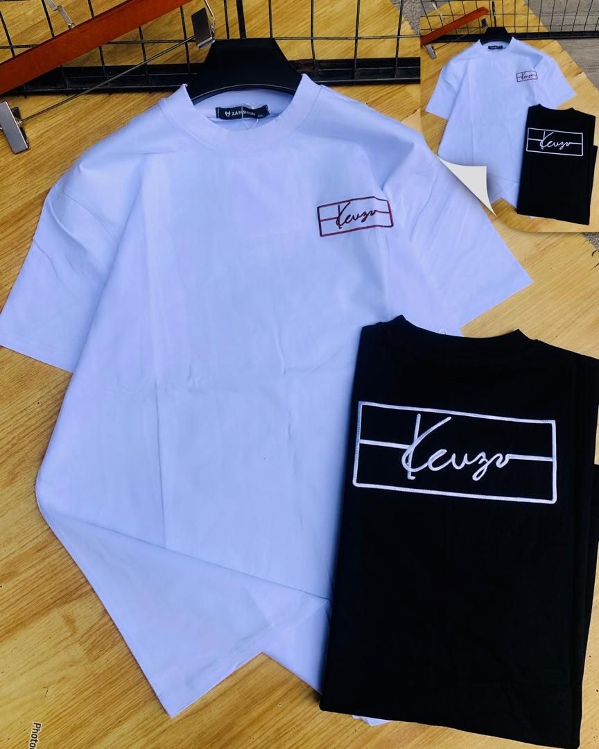 White and black Keuzo logo t-shirts displayed flat with close-up insets.