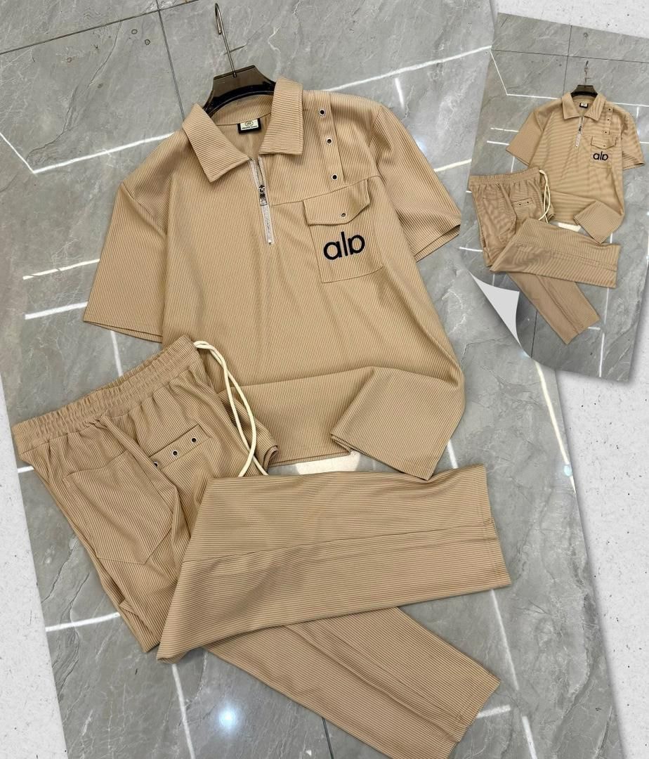 Beige Alo two-piece set displayed flat with inset photo.