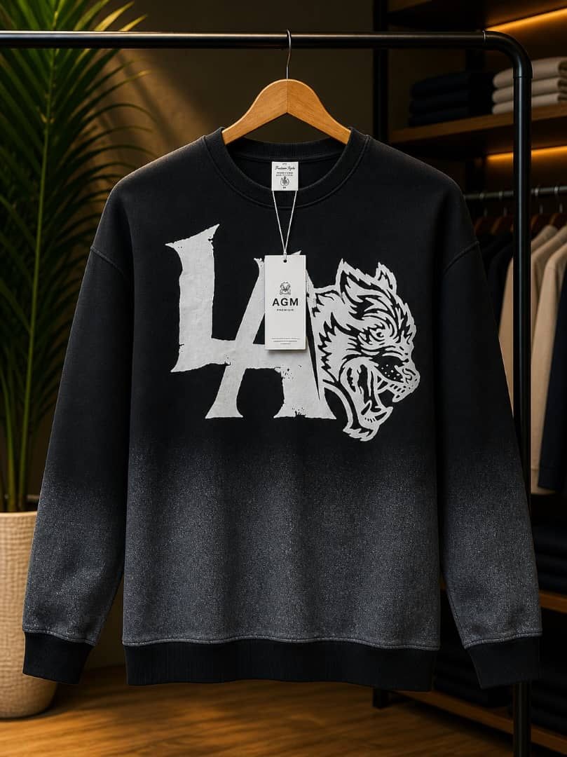 Black to gray ombre LA Wolf graphic sweatshirt with white print.