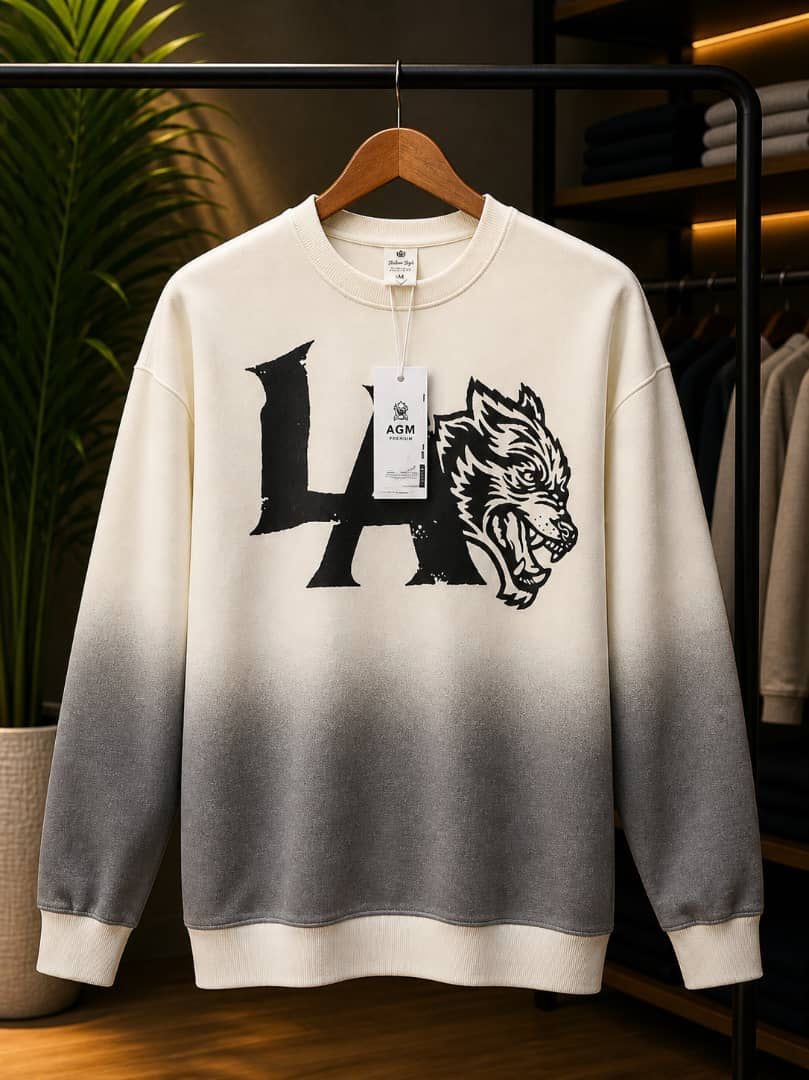 Cream to gray ombre LA Wolf graphic sweatshirt with black print.