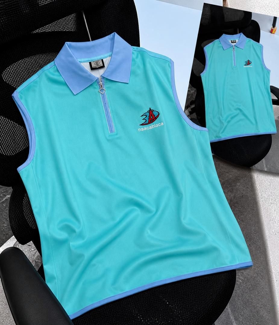 Teal sleeveless polo top with light blue contrast trim, front and back views.