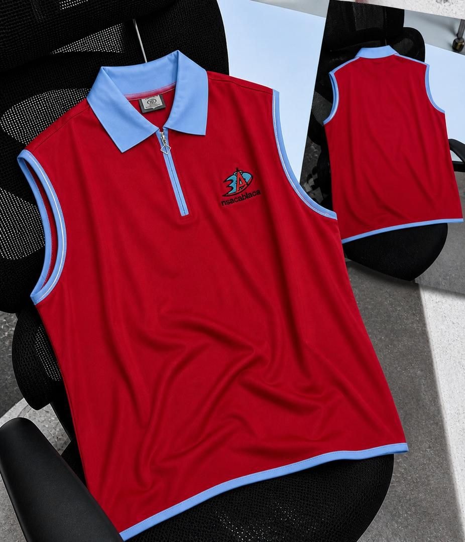 Red sleeveless polo top with light blue contrast trim, front and back views.