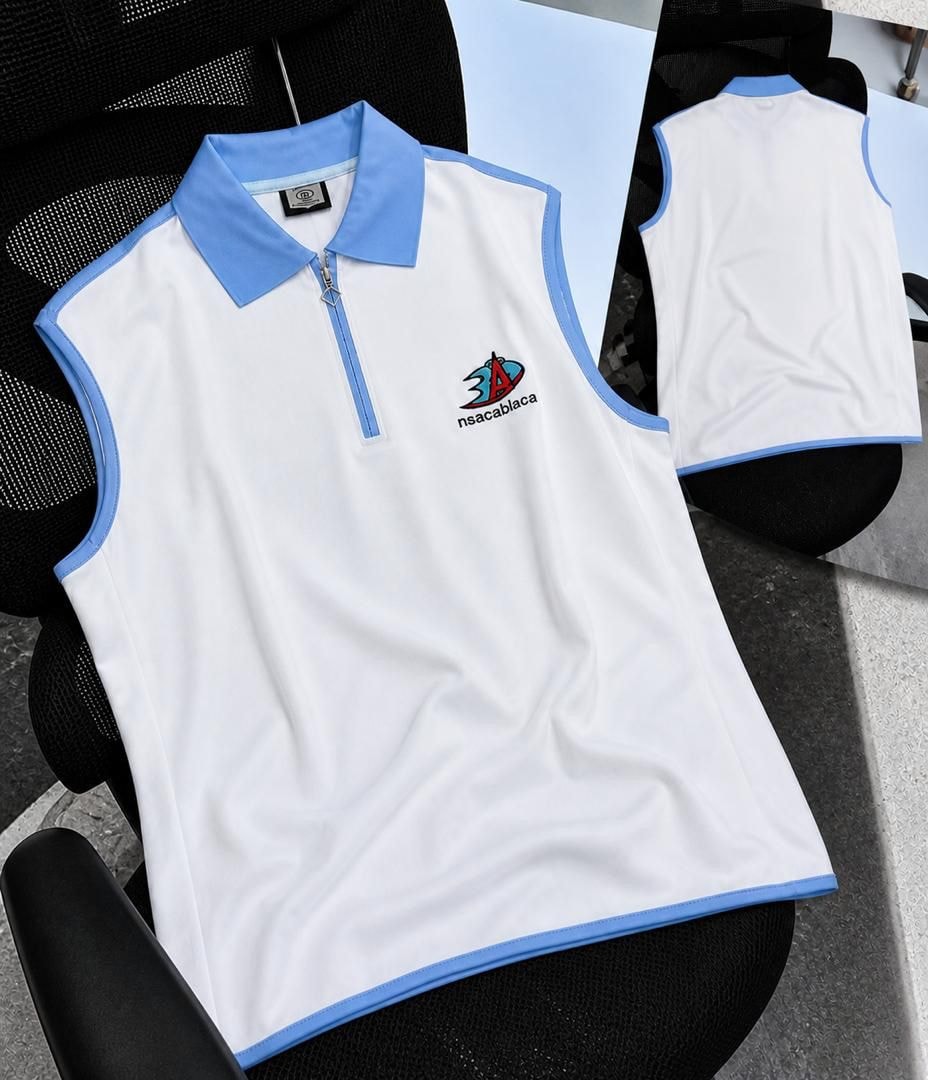 White sleeveless polo top with light blue contrast trim, front and back views.