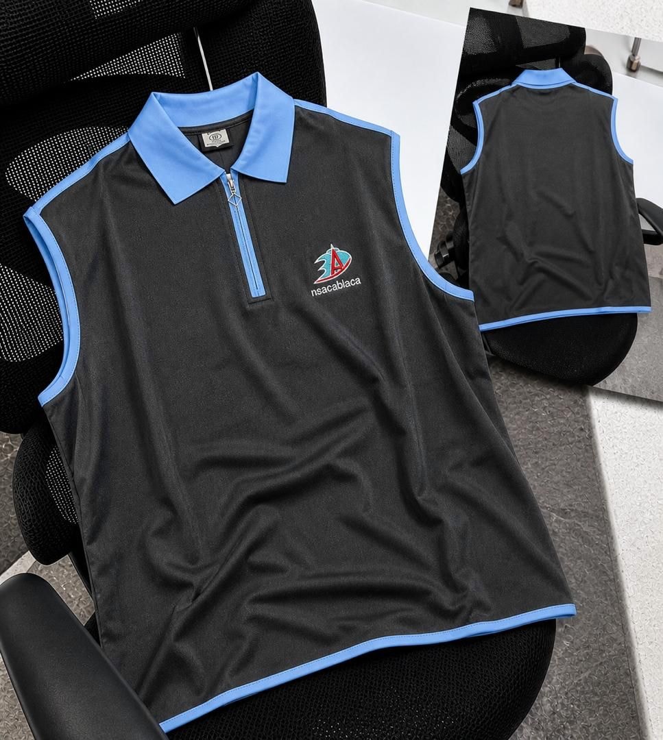 Black sleeveless polo top with light blue contrast trim, front and back views.