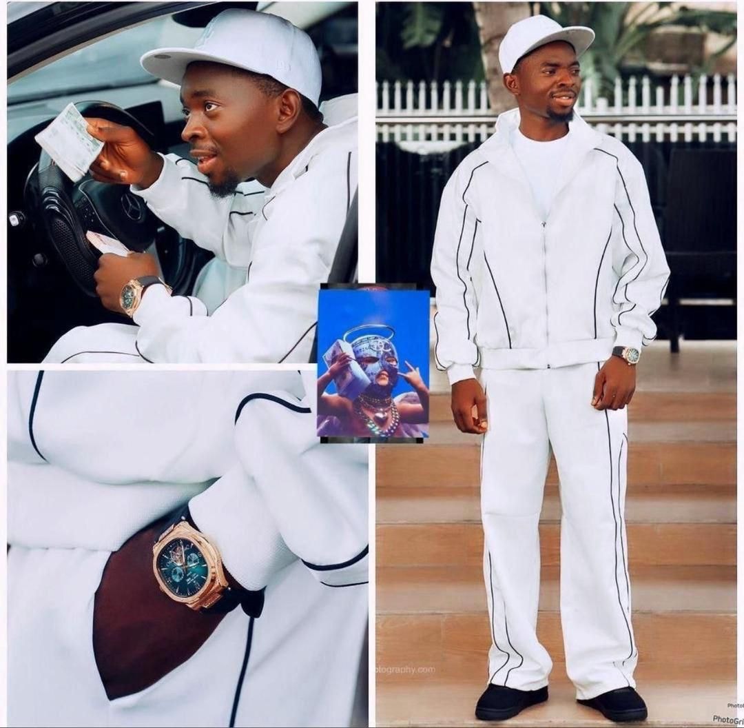 Man modeling the white piped two-piece set in car interior, standing outdoors and close-up details.