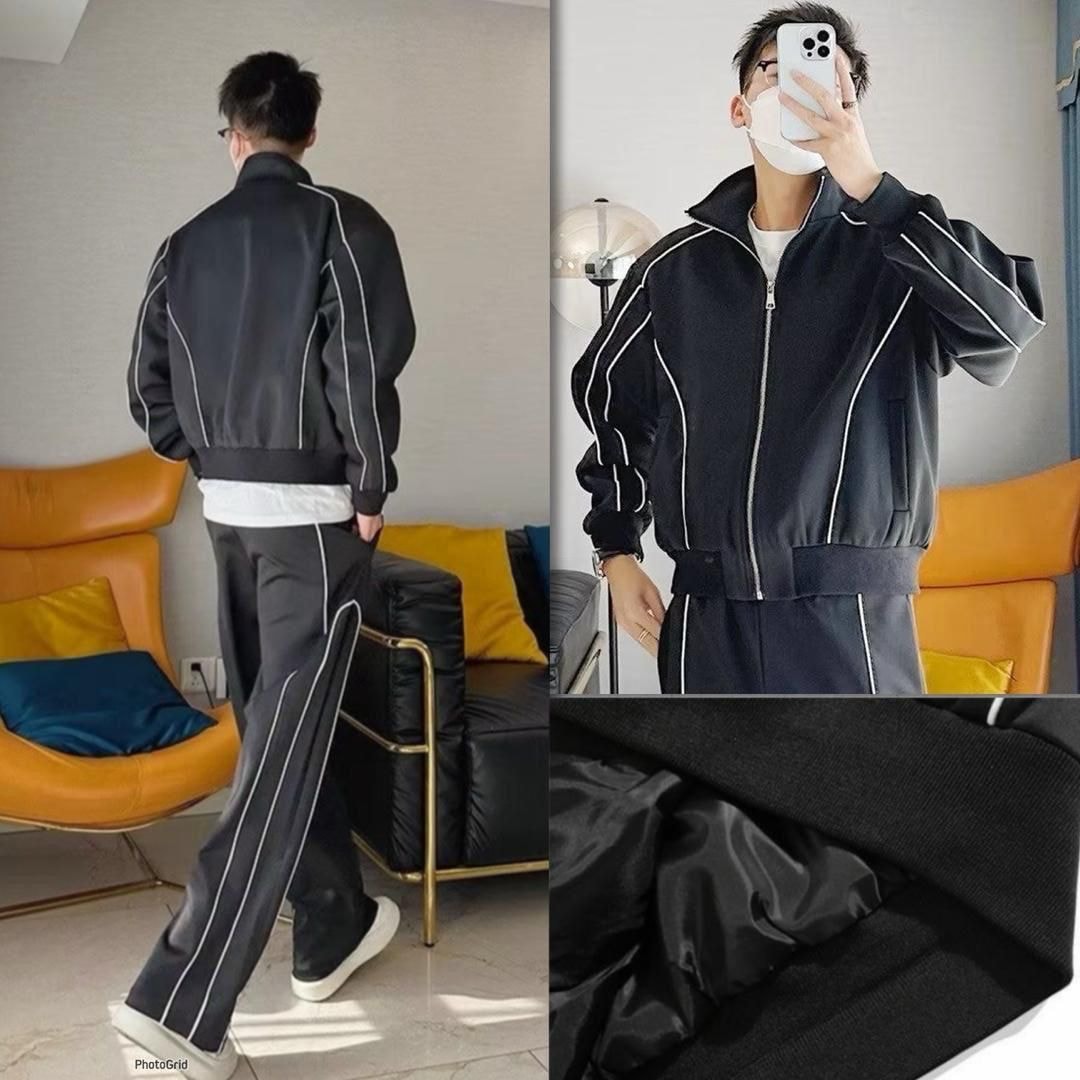 Man wearing the black piped two-piece tracksuit shown in back view, front mirror selfie and fabric close-up.