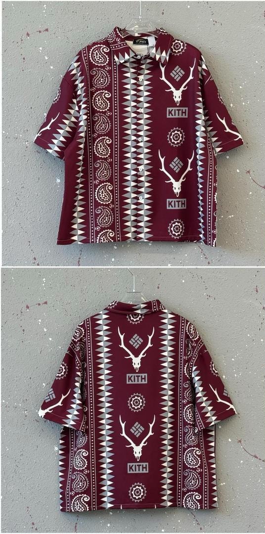 Burgundy short sleeve collared shirt with white geometric, paisley, and deer skull KITH print, front and back views.