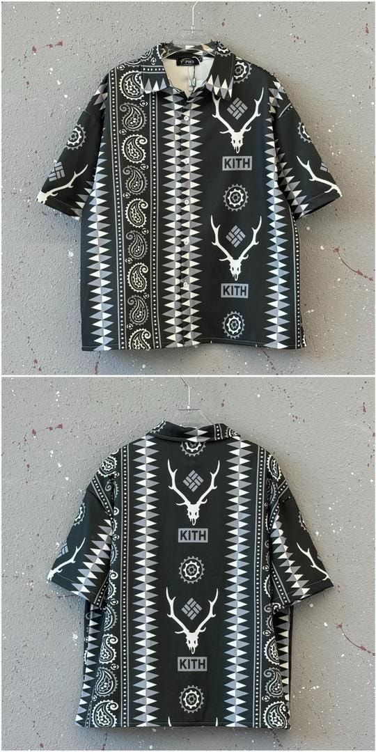 Black short sleeve collared shirt with white geometric, paisley, and deer skull KITH print, front and back views.