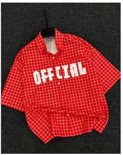 Red checkered short sleeve shirt with OFFICIAL print on chest.