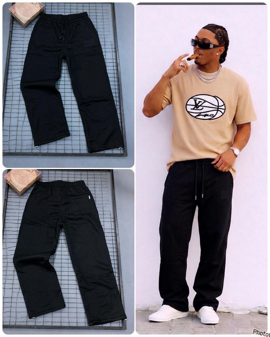 Black joggers with graphic print shown in front and back flat lays plus model wearing with beige t-shirt.