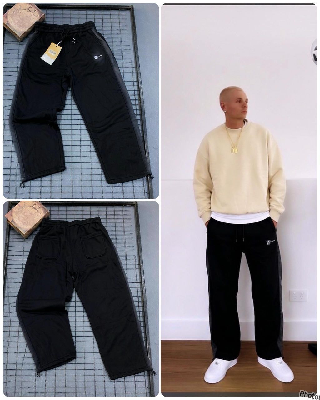 Black joggers with side stripes shown in front and back flat lays plus model wearing with cream sweatshirt.