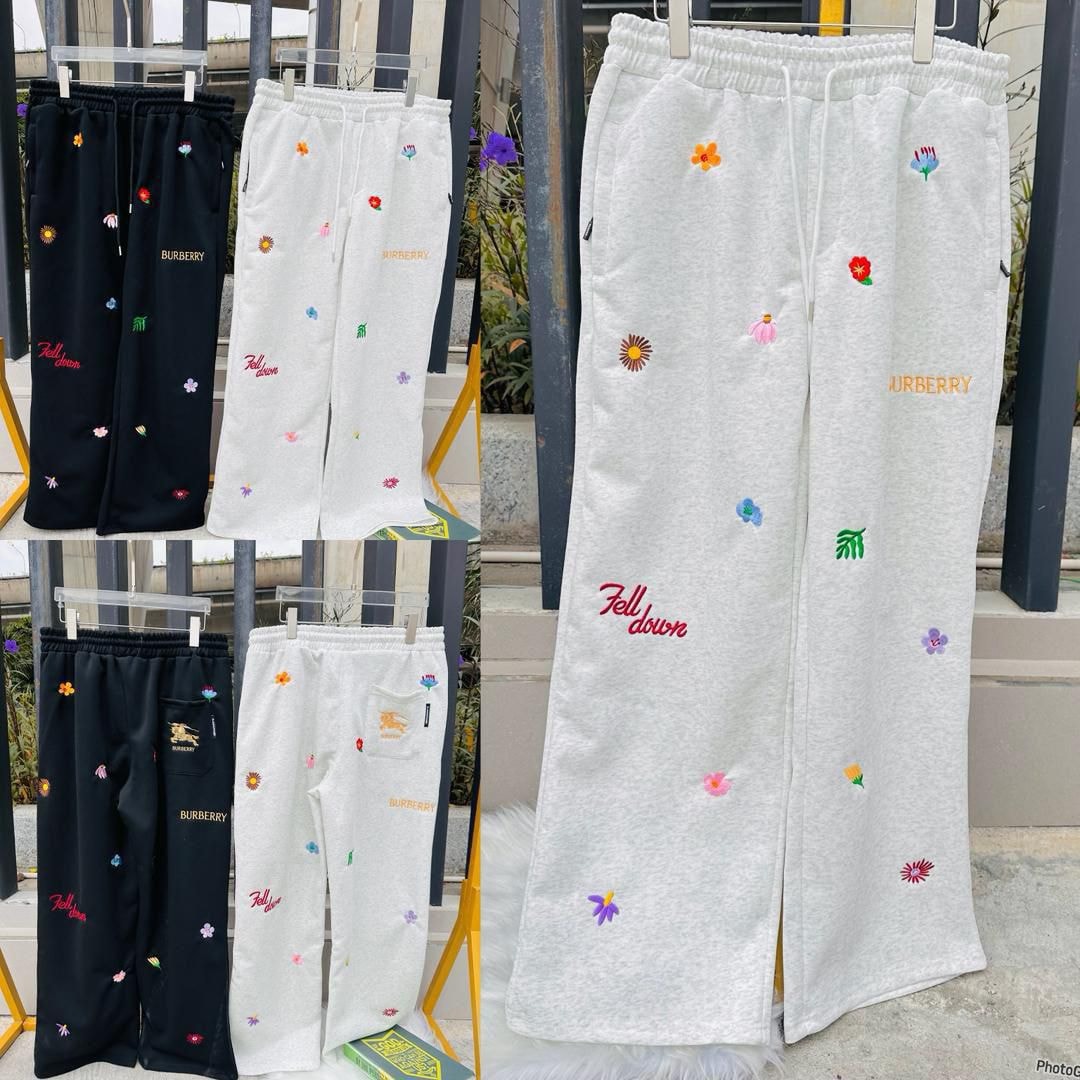 Multiple views of black, white, and gray floral embroidered joggers with Burberry logos and Fell down text.