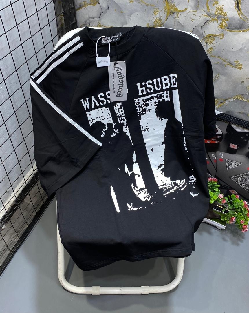 Black unisex raglan t-shirt with white graphic print and striped sleeves.