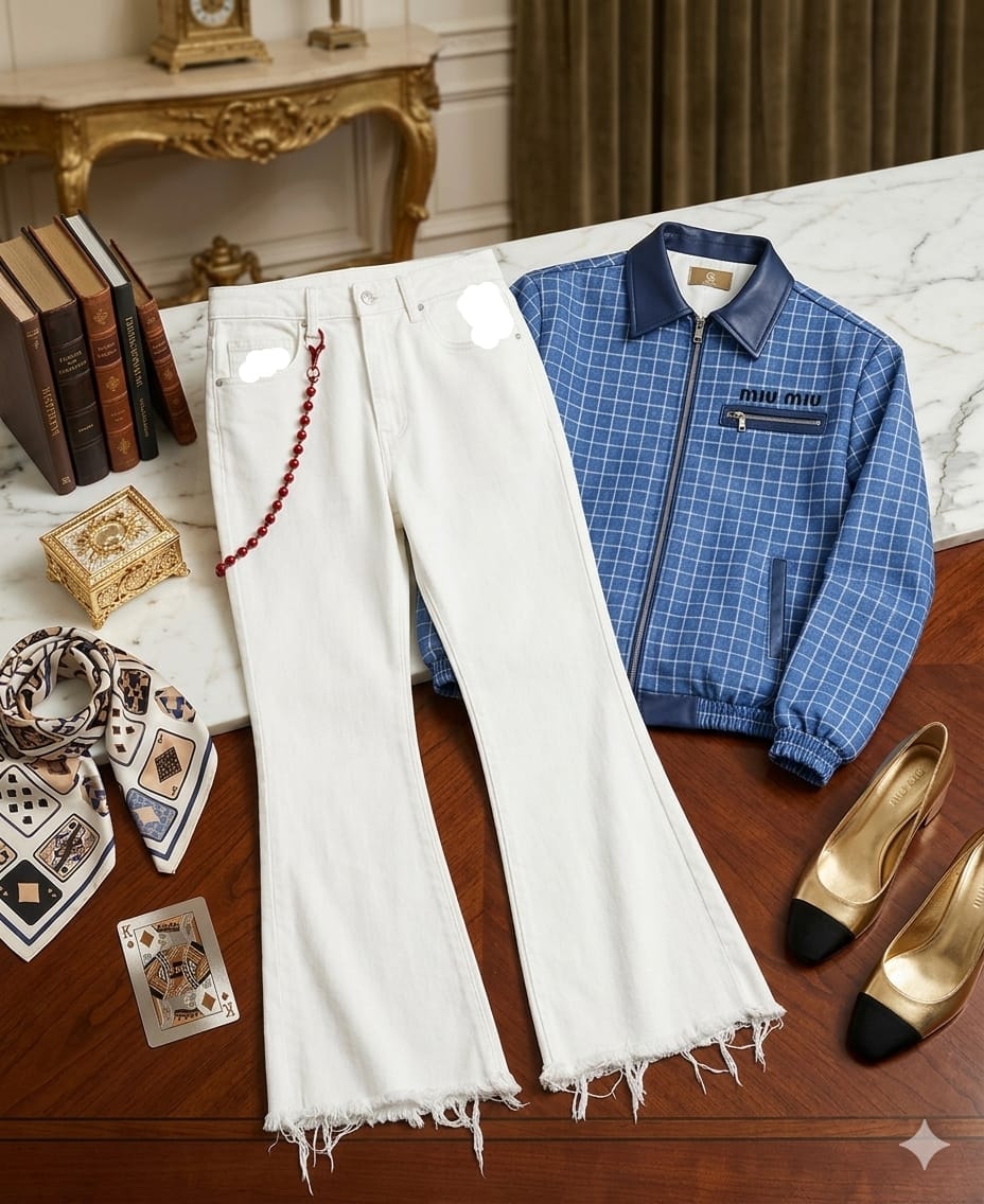 Blue checkered jacket with leather collar and white flared jeans with accessories.