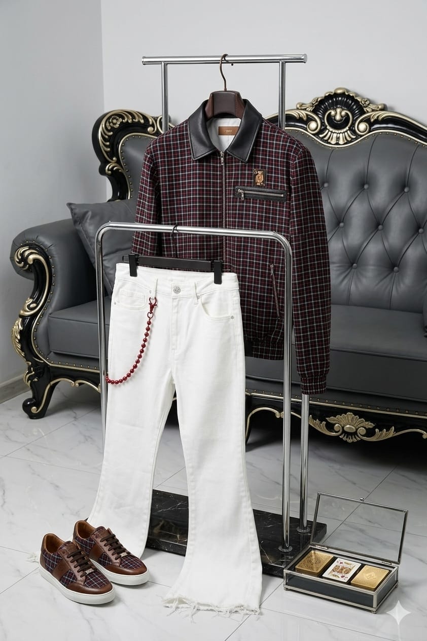 Burgundy plaid leather collar jacket with white flared jeans and brown sneakers.