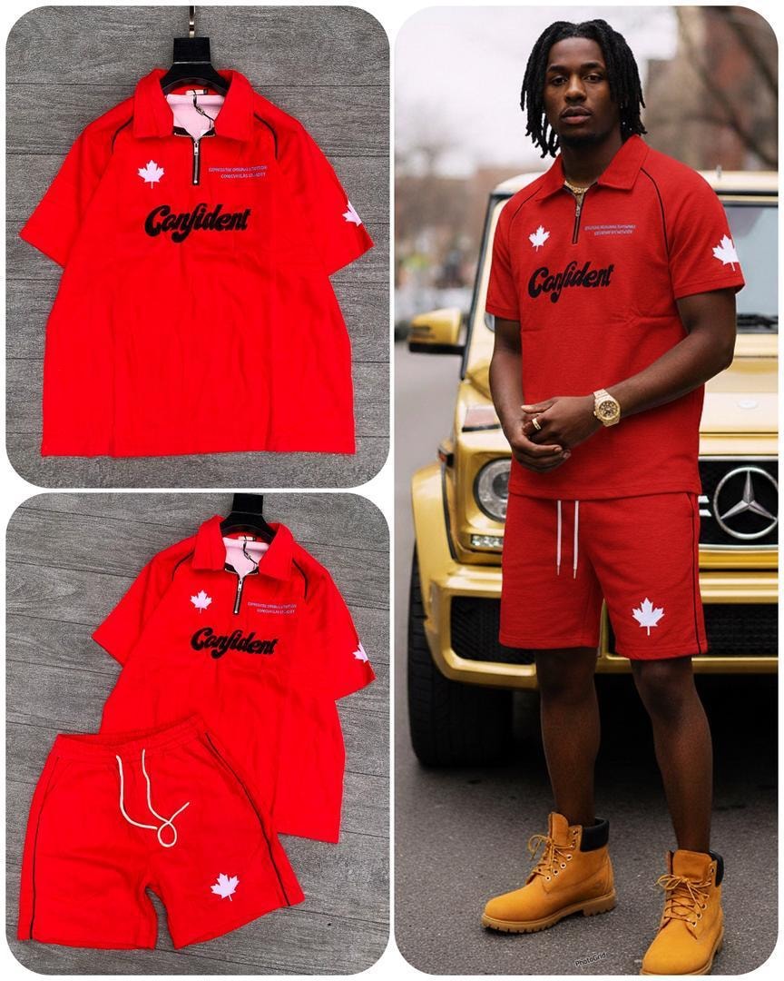 Red polo shirt and shorts set with Confident text and maple leaf prints displayed on model.