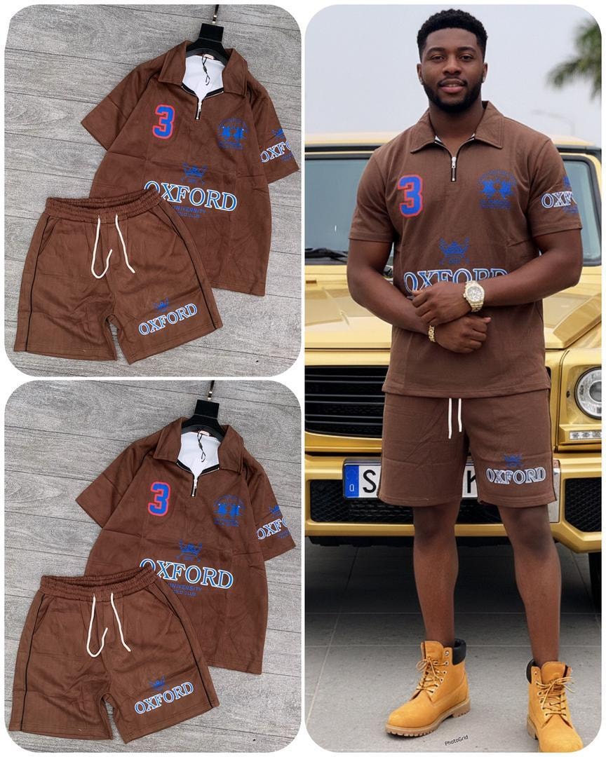 Brown polo shirt and shorts set with OXFORD and number 3 graphics on model and flat lays.