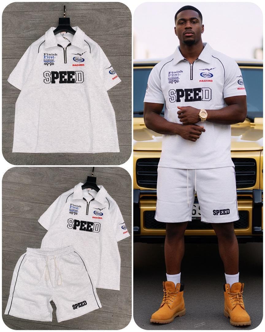 White polo shirt and shorts set with SPEED graphics shown in multiple views including on model.