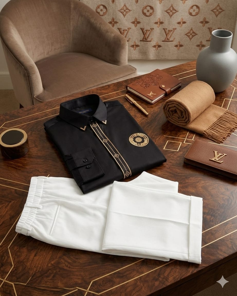 Black shirt with gold details and white trousers on wooden table with LV branded items.
