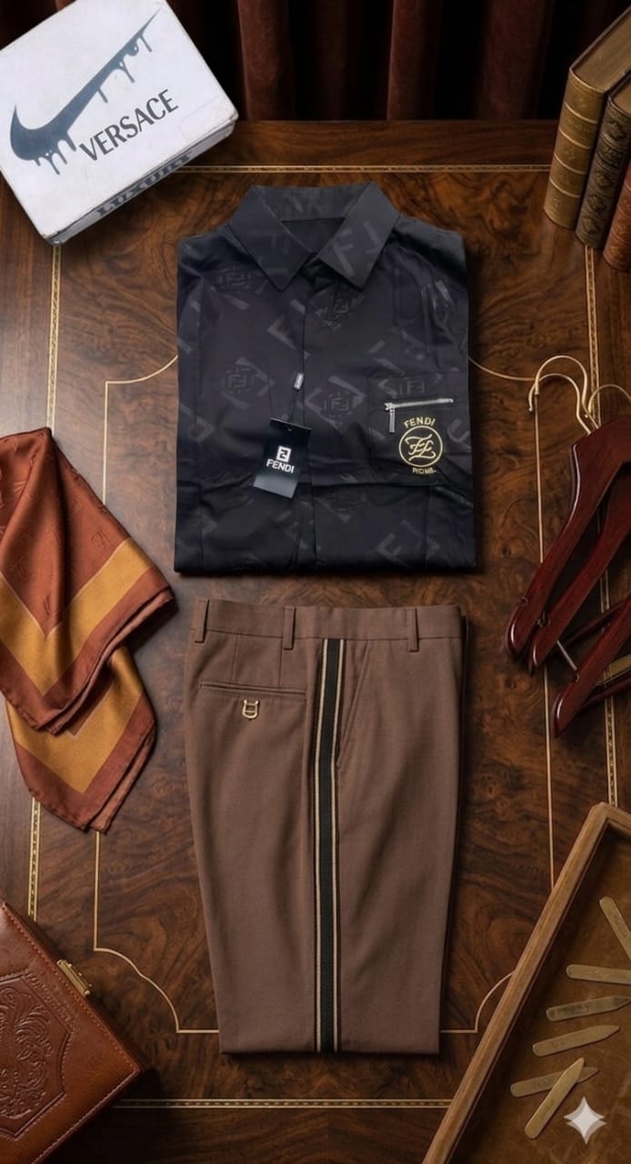 Black Fendi monogram patterned shirt and brown trousers arranged with silk scarf and accessories.