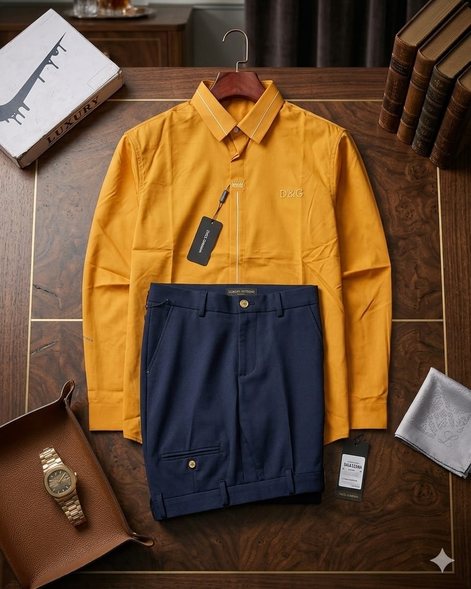 Yellow D&G shirt with navy shorts displayed on wooden surface with watch and books.