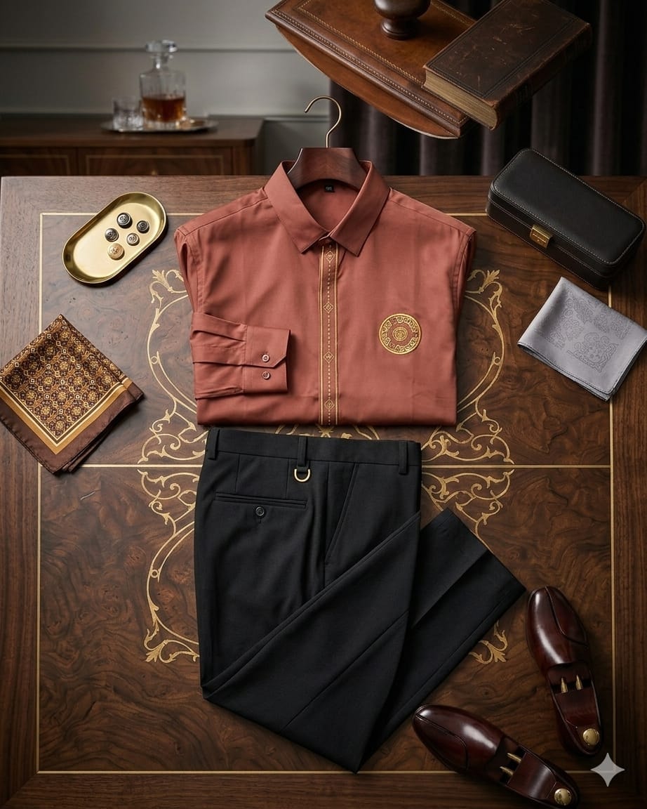 Rust sleeveless shirt with gold embroidery and black trousers styled with shoes and accessories.