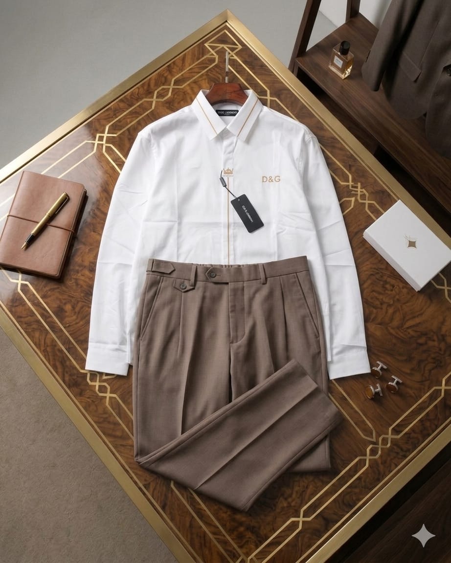 White D&G shirt with beige pleated trousers on ornate wooden table with accessories.