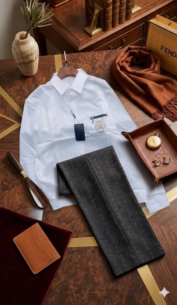 White Fendi shirt and gray monogram patterned trousers styled on wooden table with luxury accessories.
