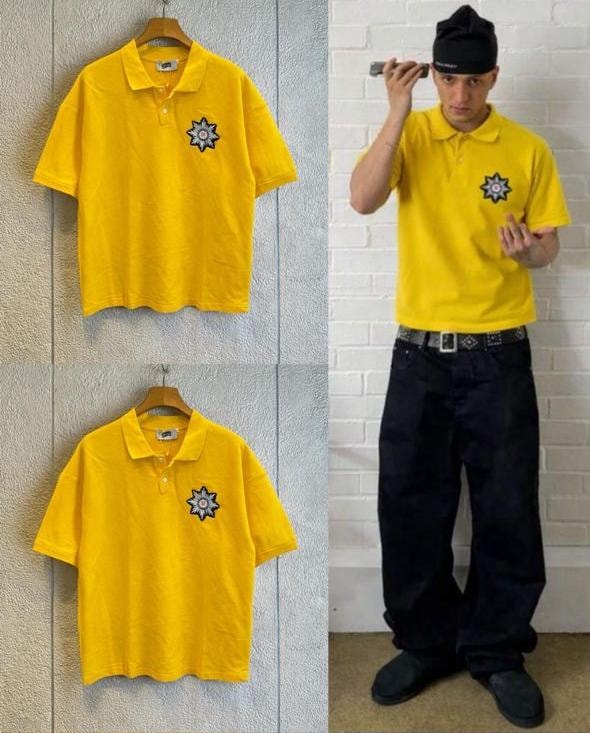 Yellow embroidered polo shirt shown on model and in flat lay views.