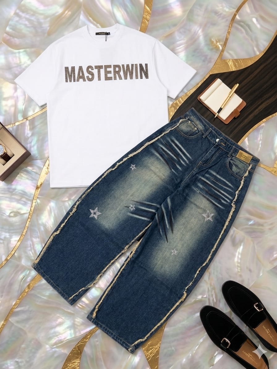White t-shirt with MASTERWIN text paired with blue wide-leg jeans featuring star patches and distressing, styled on iridescent surface with accessories.