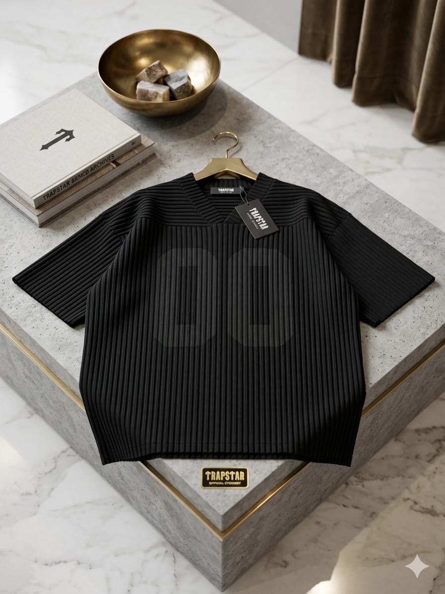 Black Trapstar pleated knit t-shirt displayed on a marble surface with brand book, gold bowl and signage.