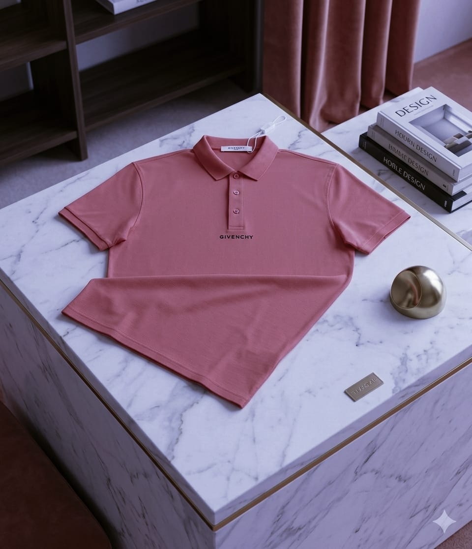 Pink Givenchy polo shirt folded on white marble table with books.