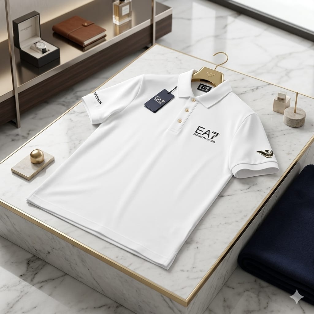 White EA7 polo shirt displayed on marble with branding accessories.