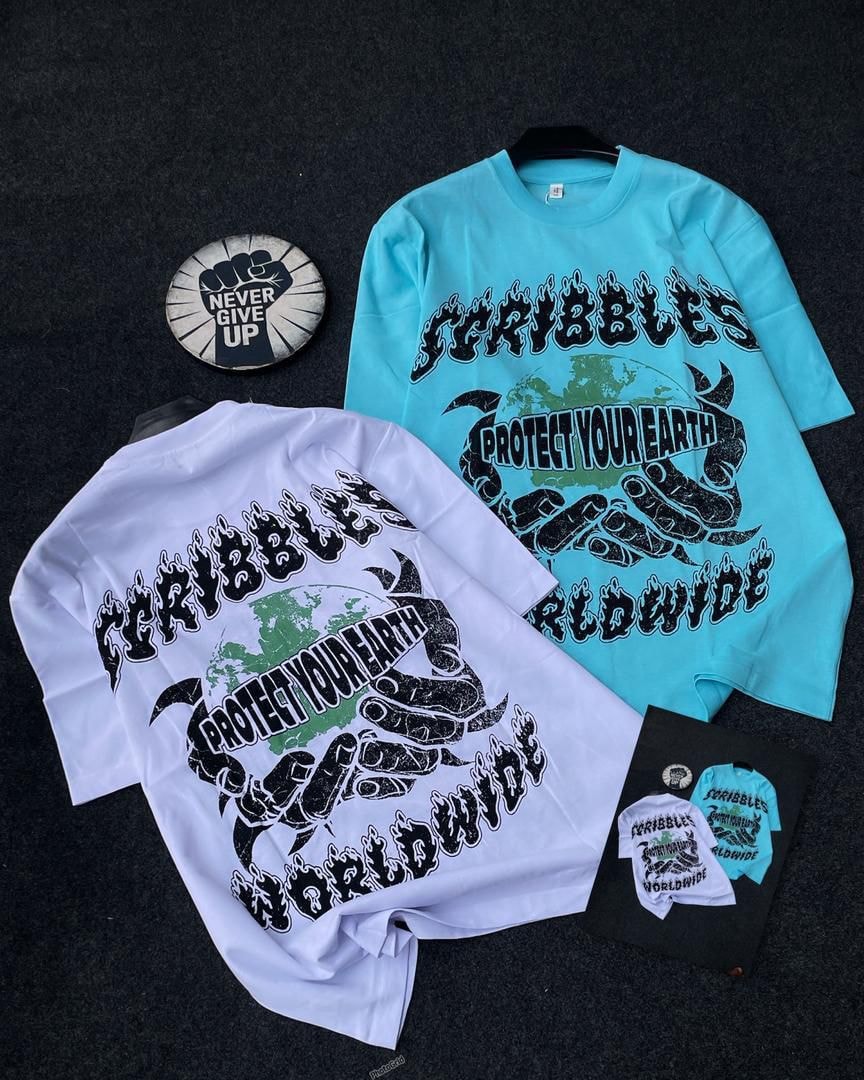 White and cyan t-shirts with Scribbles Protect Your Earth Worldwide print.